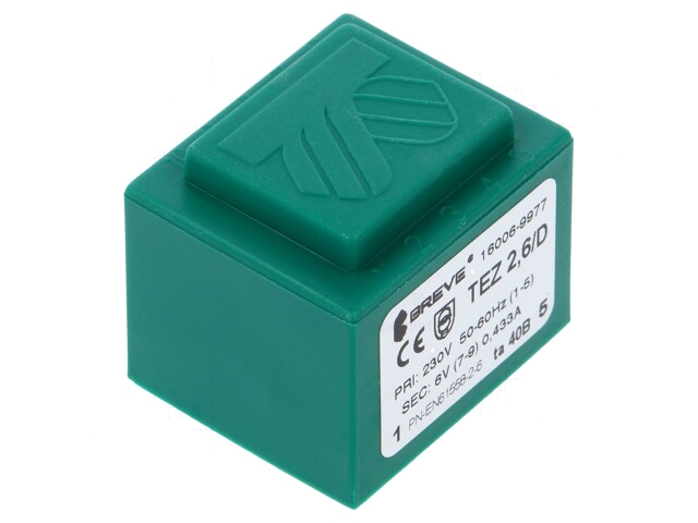 Transformator: ingegoten; 2,6VA; 230VAC; 6V; 433mA; PCB; IP00; TEZ Transformator: ingegoten; 2,6VA; 230VAC; 6V; 433mA; PCB; IP00; TEZ